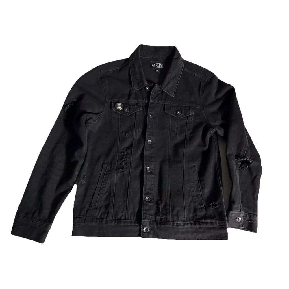 Y2K RUDE Black Denim Jacket Large Distressed Punk Goth Trucker